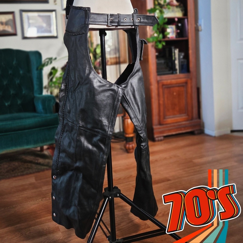 Vintage 70s Genuine Leather Moto Chaps Black Biker Riding Western Road Gear‎